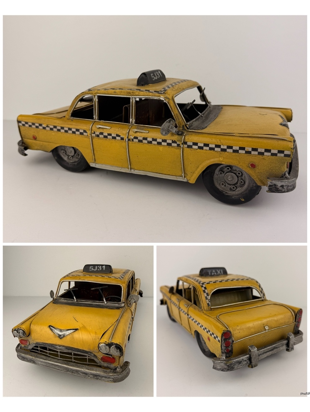 Yellow NYC Taxi Cab Metal Model Car Rustic Industrial Home Decor Large 12”